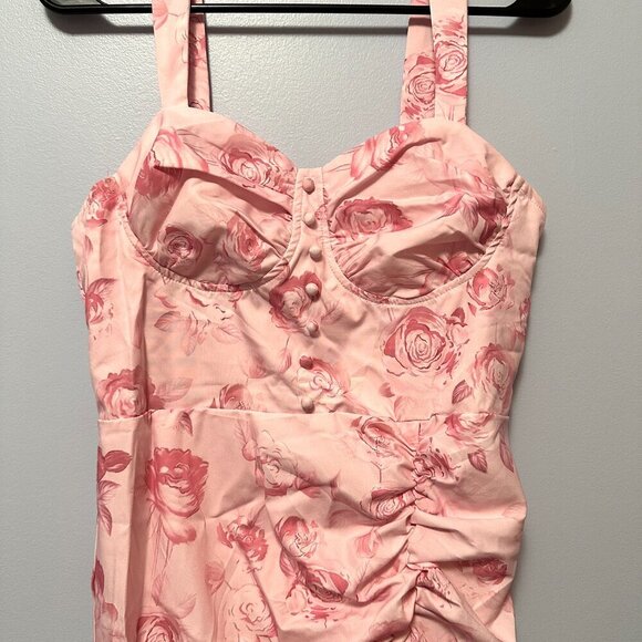 SHEIN Women's Mini Dress Medium Light Pink Roses Bustier Strappy Rutched Floral - Picture 3 of 8
